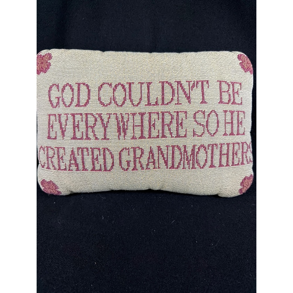 Vintage Needlepoint Grandmother Sentiment Decorative Pillow Cream Burgundy 11x7